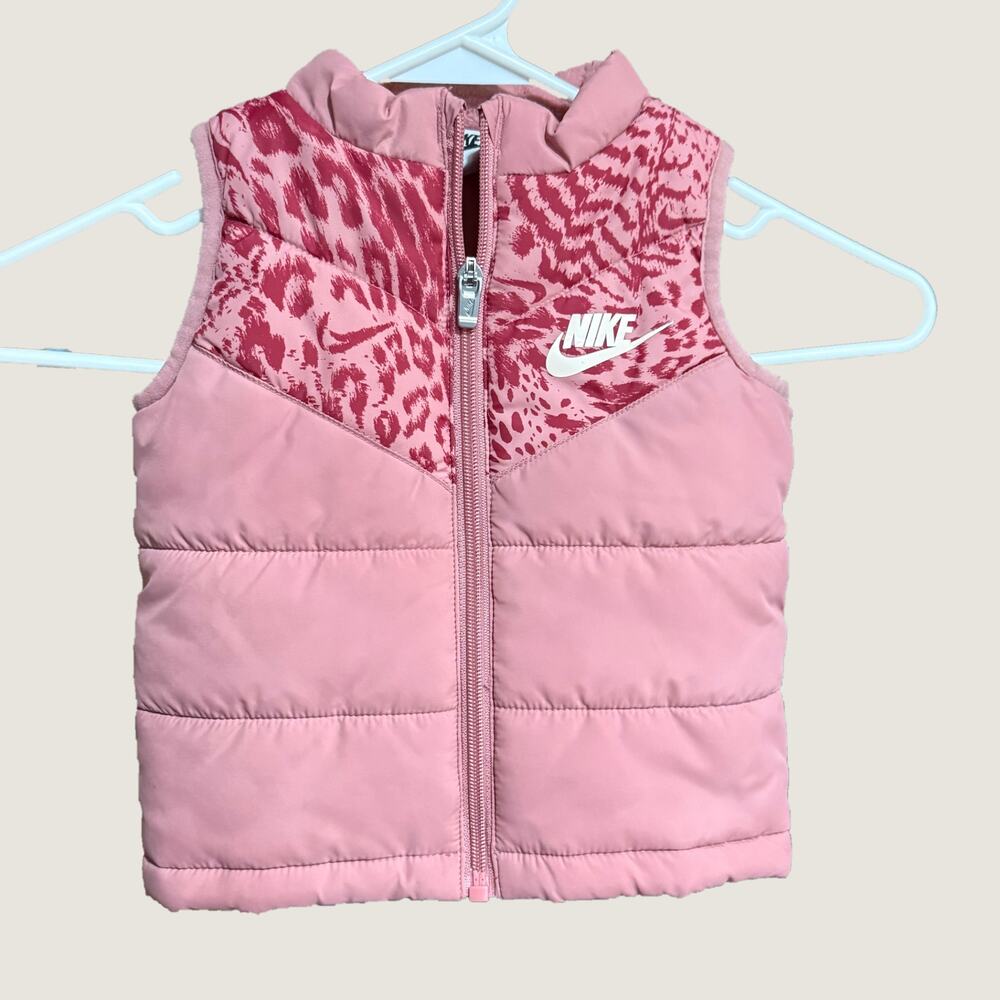 Nike Toddler Girls Pink Leopard Print Puffer Vest Full Zip Jacket Size 12M
